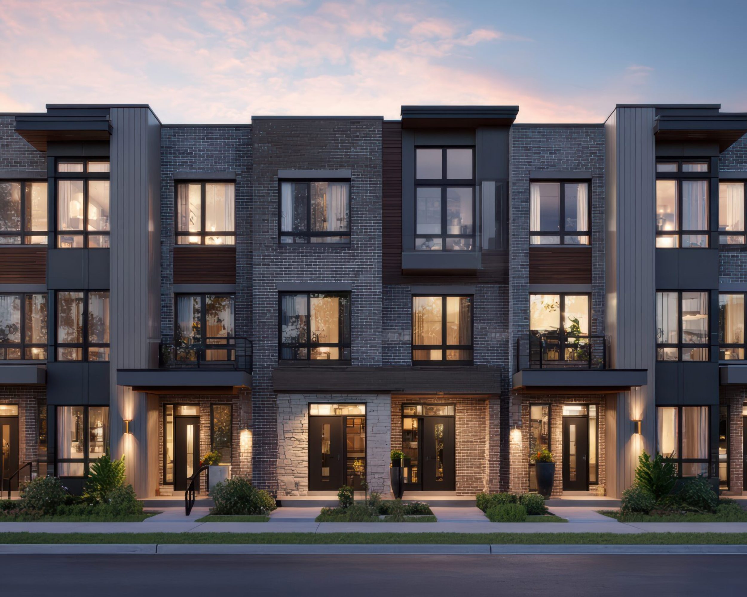 modern urban townhouses illuminated dusk